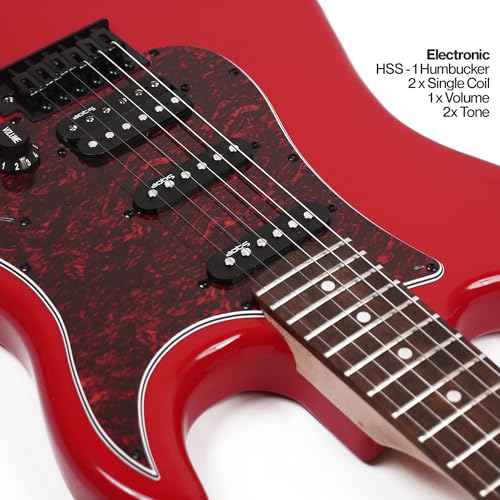 Image of SEST230 HSS Electric Guitar with Bag | Beginner Electric Guitar Kit with HSS Pickups, Basswood Body, Maple Neck & Rosewood Fretboard, Tremolo Bridge| Includes Padded Gig Bag & Allen Key (Red)