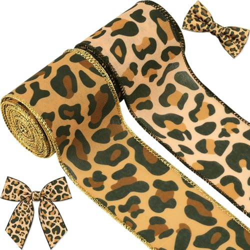 NUVCELKA Leopard Cheetah Print Wired Ribbon 2.5 Inch x 10 Yards (2 Rolls) Animal Print Edge Ribbons for Christmas Wreath Bow Gift Wrapping DIY Craft Decor