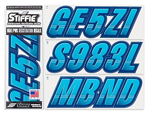 Image of STIFFIE Techtron Sky Blue /Navy 3 inch Boat & PWC Registration Decals • Numbers Letters Stickers