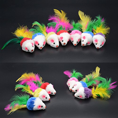 Famgee 20 PCS Furry Cat Toys Squeak Mouse Rattle Mice Cat Catcher Pet Toys with Feather Tails (Random Color) - Thumbnail 4