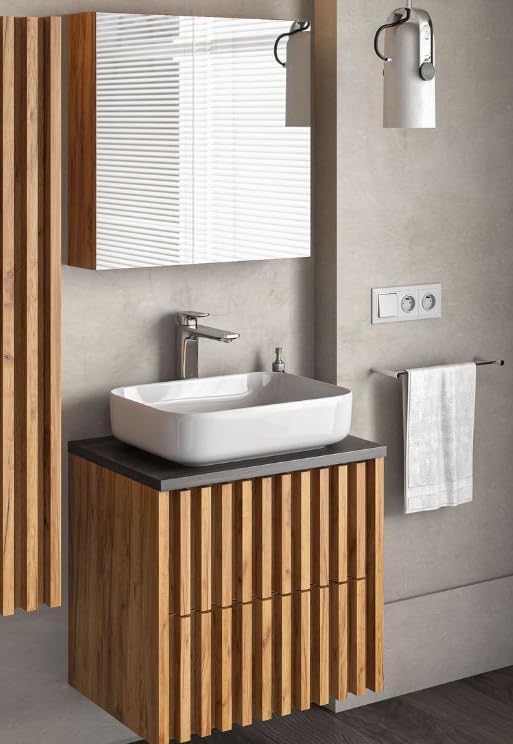 600mm Lamella Oak Wall-Hung Bathroom Vanity Unit with White Countertop Basin Sink – Stylish & Elegant Design for Cloakroom
