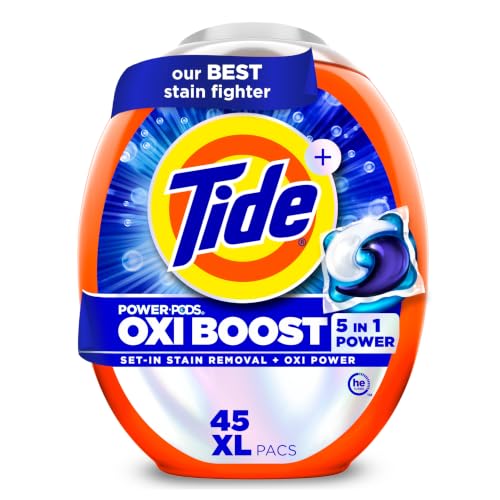 Image of Tide Oxi Boost Power PODS Laundry Detergent Pacs, 45 Count, Set-In Stain Removal + Oxi Power, laundry soap detergent pacs