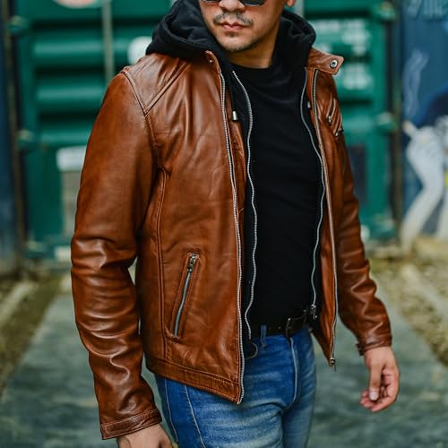 Image of Jild Hooded 2.0 Leather Jacket Men - Genuine Lambskin Leather Bomber Jacket with Removable Hood for Mens Fashion