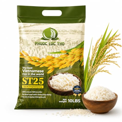 Phước Lộc Thọ ST25 Vietnamese Jasmine Rice 10lb – Premium Long Grain White Rice, Fragrant & Soft Texture, Non-GMO, Authentic Asian Rice, Bulk Family Size
