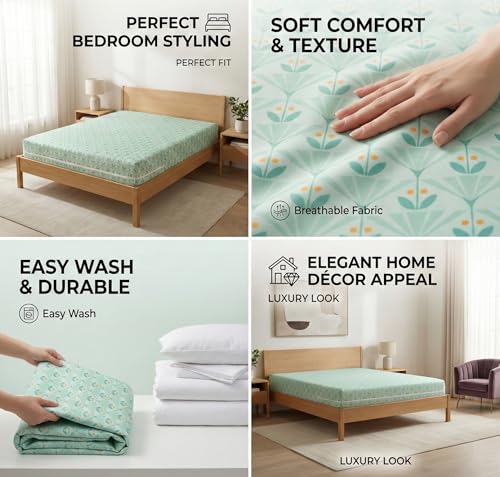 Image of VAS COLLECTIONS Premium Cotton Printed Mattress Protector with Zipper | 360 All-Around Encasing Bed Cover for Complete Protection | Single Mattress Cover 72x36+6 Inches (6 x 3 Feet) (Sage Green)