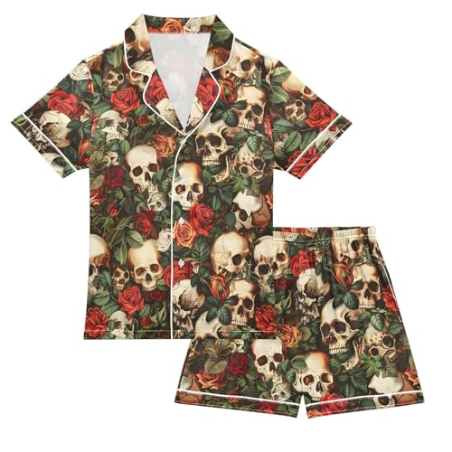 ALAZA Funny Sugar Skull Blososm Rose Satin Pajamas Set Short Sleeve Button Down Sleepwear Summer Pjs 2 Piece