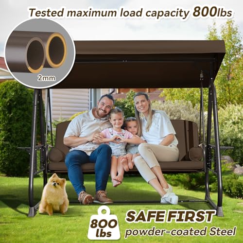 Image of 3 in 1 Outdoor Porch Swing with Adjustable Canopy, 3 Seat Outdoor Swing for Adults, Patio Swing Chair with Thickened Cushions,Pillows & Cup Holders for Backyard, Porch, Garden (Brown)
