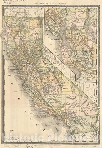 Historic Pictoric Map : California 1891, Counties and Railroads, Rand, McNally & Co.'s California, Antique Vintage Reproduction : 44in x 64in