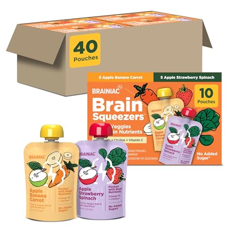 Brainiac Fruit and Veggie Applesauce Variety Pack Pouches Apple Banana Carrot Apple Strawberry Spinach Unsweetened Applesauce with Immune Boosting Vitamin C Omega-3s & Choline 40 Count 3.2 oz.