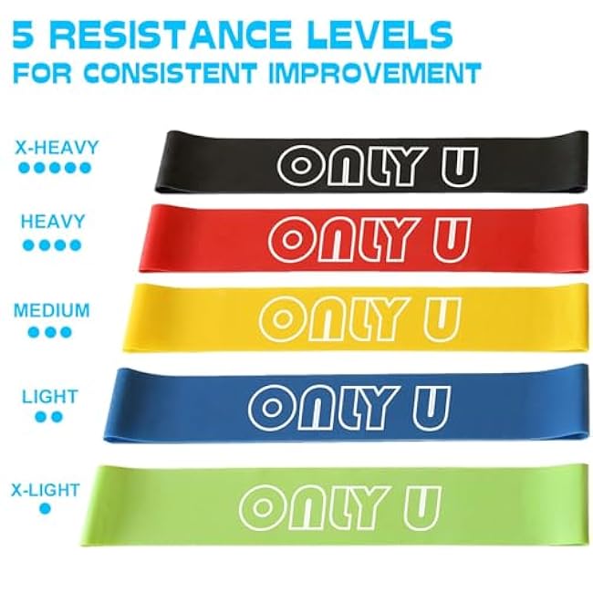 Only U Resistance Bands Set - Exercise, Fitness, Yoga & Pilates Bands Kit for Home Gym Workout for All Levels of Fitness, Set of 5 Bands with Different Resistance, Carry Bag