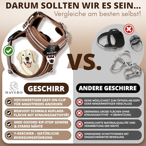 HAVERO Hundegeschirr Easy-On-Clip – [Kein Überkopfziehen] | Anti-Zug Y-Geschirr Gepolstert Reflektierend Atmungsaktiv Brustgeschirr – kleine, mittelgroße & Grosse Hunde Geschirr (Braun, M)