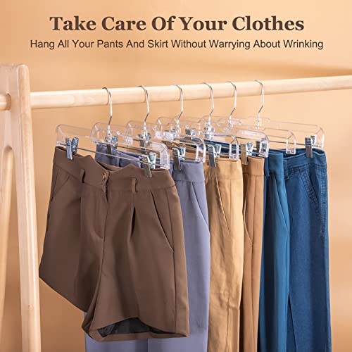 House Day Crystal Pants Hangers With Double Clips 100 Pack, Heavy Duty Slim Clear Skirt Hangers, Ridged Non-Slip With Adjustable Metal Clips, 360-Rotating Chrome Swivel Hook, 14 Inch #TOP1