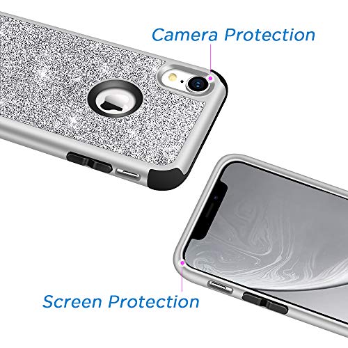 Hython Compatible With Iphone Xr Case, Heavy Duty Full-Body Defender Protective Bling Glitter Sparkle Hard Shell Armor Hybrid Shockproof Silicone Rubber Bumper Cover For Iphone Xr 6.1-Inch, Silver #TOP4