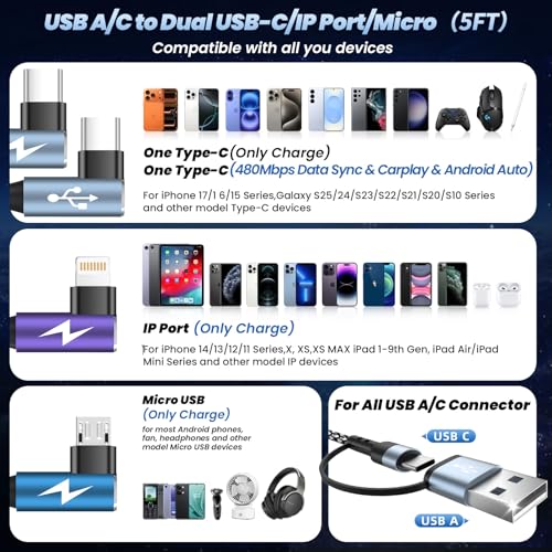 90 Degree Phone Charger Multi Charging Cable with Dual Type C Micro IP - image 9