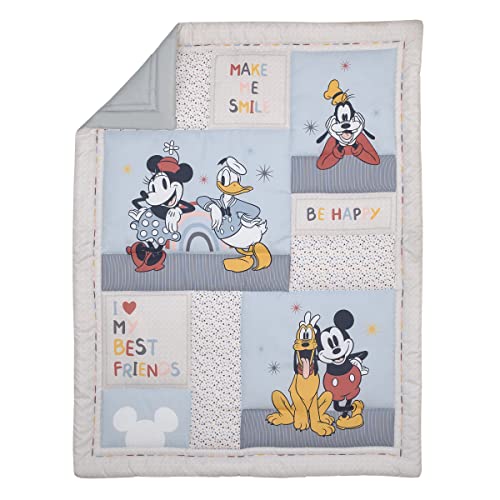 Image of Disney Mickey and Friends Grey, Blue, Gold and Red Mickey Mouse, Minnie Mouse, Donald Duck, Pluto and Goofy 3 Piece Nursery Crib Bedding Set - Comforter, Fitted Crib Sheet and Crib Skirt