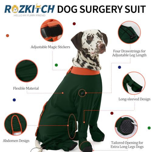 Image of ROZKITCH Dog Recovery Suit for Abdominal Wounds & Post-Surgery, Full Coverage Bodysuit with Feet Covered, Anti-Licking Shedding & Wound Protection, e-Collar Alternative for Extra Large Dog Green 4XL