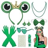 PYSEOSISE Costume Grenouille Femme, 8 Pièces Accessoires Roi Grenouille, Serre Tête Grenouille Boucles Oreilles Collier Noeud Papillon Lunettes Gants et Paillettes pour Carnaval Fasching