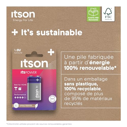 itson, 9v piles alcalines, paquet de 1, pour horloges, torches, télécommandes, emballage sans plastique, 6lr61ipo/1cp