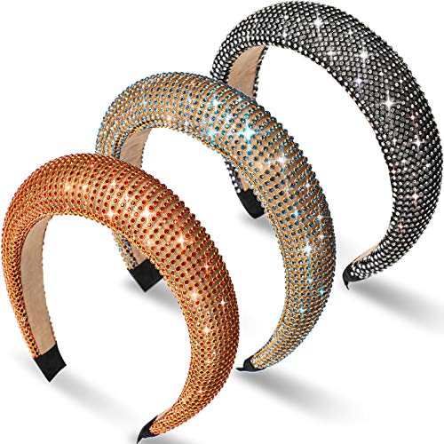 WILLBOND 3 Pieces Rhinestone Padded Headband Diamond Crystal Beaded Headband Wide Glitter Hairband Headwear for Women Girls Party Hair Accessories ()