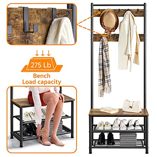 Yaheetech Metal Hall Tree With Shoe Storage Bench Entryway Coat Rack With 2 Shoe Shelves & 9 Movable Hooks, Rustic Brown #TOP4