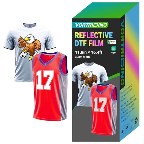 VORTRIDINO Reflective DTF Transfer Film 11.8in x 16.4ft Solid Color Reflective Effect DTF Transfer Film for Sportswear, Cold Peel Pure Color and Colorful Reflective DTF Film Roll