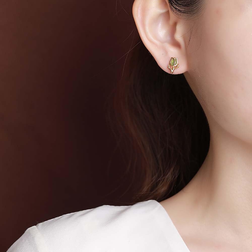 WBDWWTD Zierliche Rosen-Ohrstecker, grüne Jade-Ohrringe, Sterlingsilber für Frauen, Jade-Liebesschmuck, Gold
