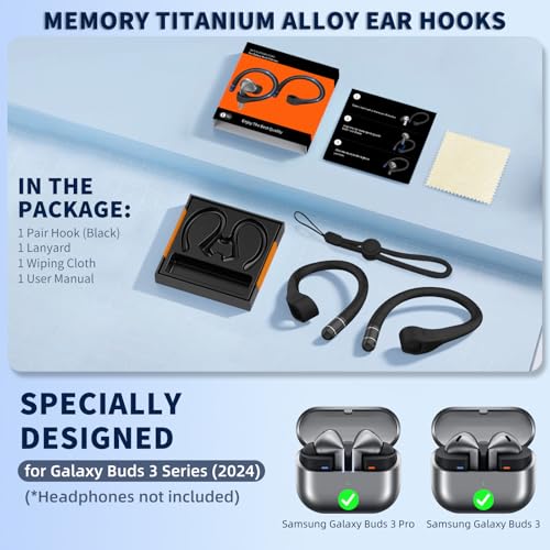 Image of Anti-Slip Ear Hooks for Galaxy Buds 3 Pro (2024) & Galaxy Buds 3 FE (2025), Comfortable Fit | Sports Anti-Loss | Memory Titanium Alloy Ear Hooks Compatible for Samsung Buds 3 Earbuds w /Lanyard, Black