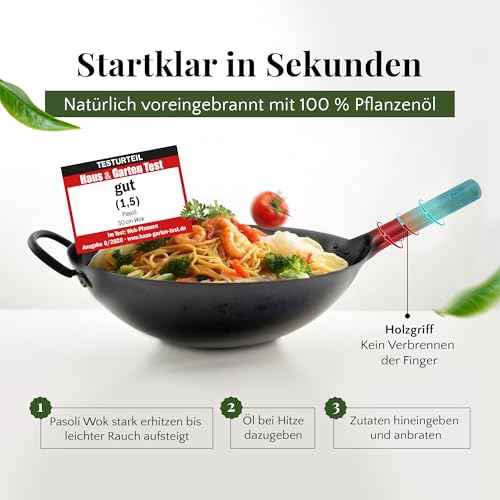 Foto von pasoli handgehämmerter Wok + gratis Rezepte eBook - voreingebrannt - traditionelle Asiapfanne - Bratwok aus Carbonstahl - induktionsgeeignete Wokpfanne - Durchmesser 36 cm