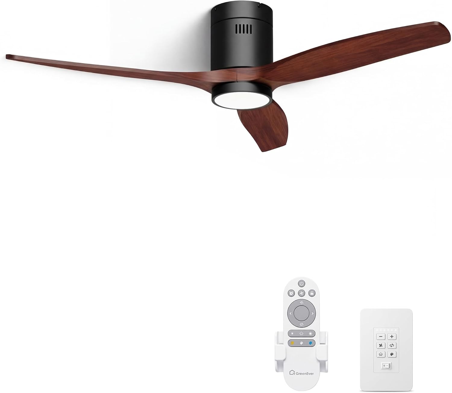 GREENEVER 52 Inch Low Profile Ceiling Fan with Light, Solid Wood Flush Mount Fan with Remote & Wall Control, Quiet DC Motor, Dimmable Memory LED for Bedroom Living Room, Black and Walnut by GRANDJOY