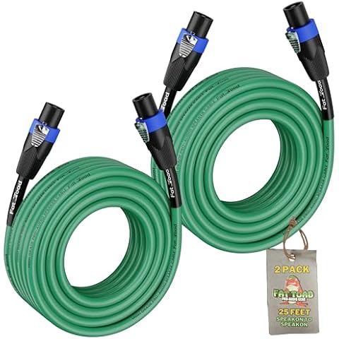 Fat Toad Speakon to Speakon Cables (2 Pack) 25ft Professional DJ Pro Audio Green Speaker PA Cord with Twist Lock Connector | 12 AWG Wire for Impeccable Studio Recording & Stage Performance Gear Cover
