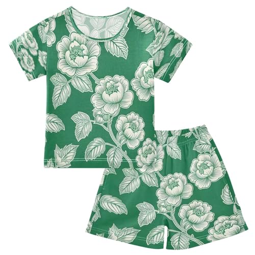 senya Short Sleeve Pajamas Sets Summer Cotton Sleepwear Green White Flower
