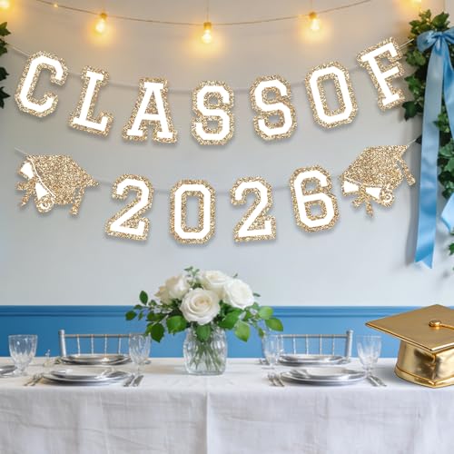 Image of Class of 2026 Graduation Banner University College Grad Garland Decoration Party Supplies High School Colors Gold White