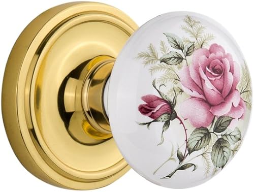 Nostalgic Warehouse Roseta clásica con pomo de puerta de porcelana rosa, paso - 2.75 pulgadas, latón sin lacar