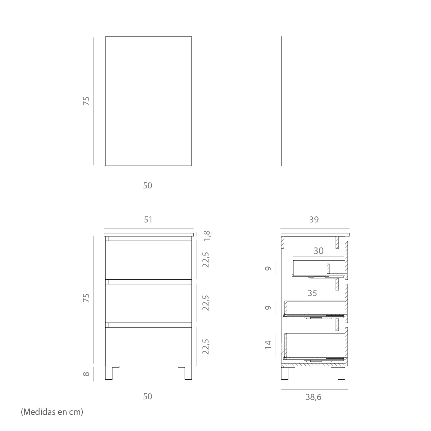 Baikal Conjunto de Mueble de Baño suspendido a la Pared con Fondo reducido, con Lavabo y Espejo, Tres cajones, Medidas de 50cm Ceniza