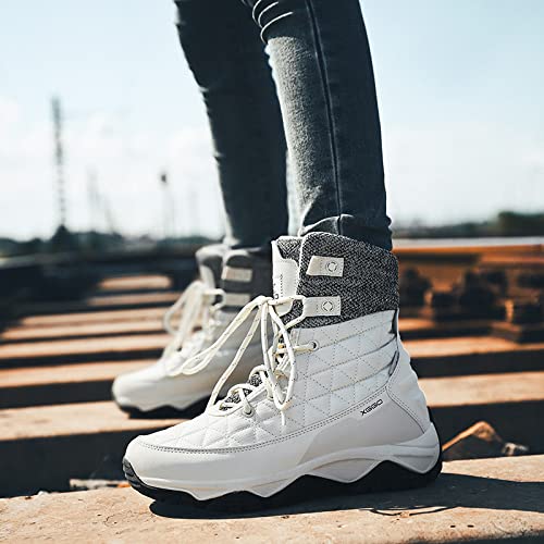 Autumn and winter outdoor snow boots warm anti-prevent shoes couple men and women wear ski shoes waterproof plus velvet hiking shoes Used to protect your feet ( Color : White plus velvet , Size : 10 )3