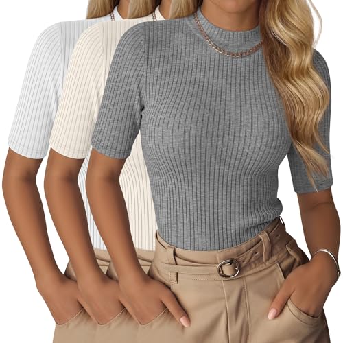 Neer 3 Pack Womens Mock Neck Tops Ribbed Half Sleeve Dressy Work Business Shirts Turtleneck Slim Office Going Out Tops 2026(Light Gray White Cream XX-Large)