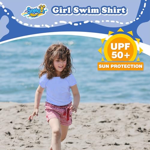 Image of Girls Rash Guard Short Sleeve, Ethereal Blue UPF 50+ Sun Protection Rashguard Slim Fit Swim Shirt Fishing Surf Quick Dry Cool Beach Clothes for Toddler Youth Kids Size 5-6 Years