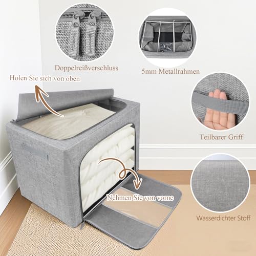 Eyeleaf Faltbare Kleidung Aufbewahrung Mit Reißverschluss & Metallrahmen Feuchtigkeitsresistente Aufbewahrungsbox 66L- Leinenstoff Material, Stabile Organizer für Kleidung, Aufnehmen Bettwäsche