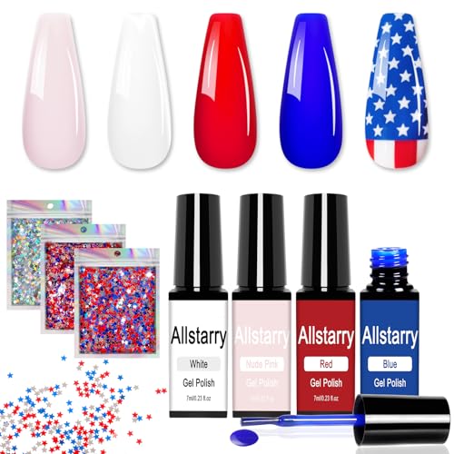 Allstarry Red White and Blue Gel Nail Polish, 4 Colors Fourth of July Nails Gel Polish with Red White Blue Star Glitter 4th of July Nails Gel Nail Polish Set Soak Off UV Lamp Cured Independence Day