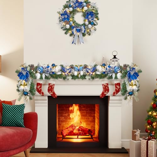 GarveeHome 6ft Christmas Garland with 20 LED Lights, Prelit Xmas Garland for Mantle with Timer Blue Silver Balls, 8 Lighting Modes, for Indoor Outdoor Fireplace Stairs Railing Decorations