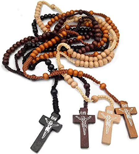 4 Pcs Wooden Rosary Beads Catholic Necklace for Men Handmade Religious Crucifix Prayer Jesus Imprint Crosses Pendant Necklaces