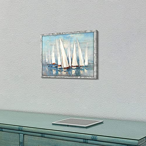 Seascape Framed Painting Wall Art: Abstract Ocean Artwork Coastal Picture Sailboat Prints on Wood in Modern Style for Home Decor 16"x12" - Image 6