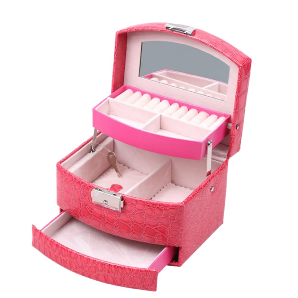 Boîte à bijoux 3 couches en cuir PU rose rouge pour bagues et boucles d'oreilles