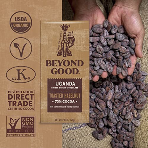 Beyond Good Chocolate Bars | 6 Pack Toasted Hazelnut Chocolate | Gift Box Included | Organic, Direct Trade, Vegan, Kosher, Non-Gmo | Single Origin Uganda Dark Chocolate #TOP2