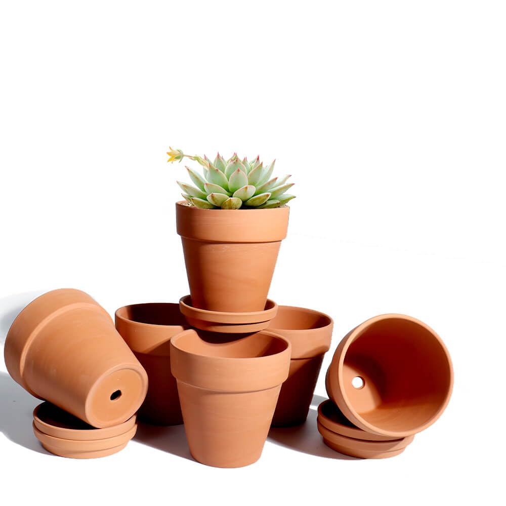 vensovo Vasi in terracotta da 4 pollici con piattino - Confezione da 6 vasi da fiori in argilla con drenaggio, ideali per piante, artigianato, bomboniere