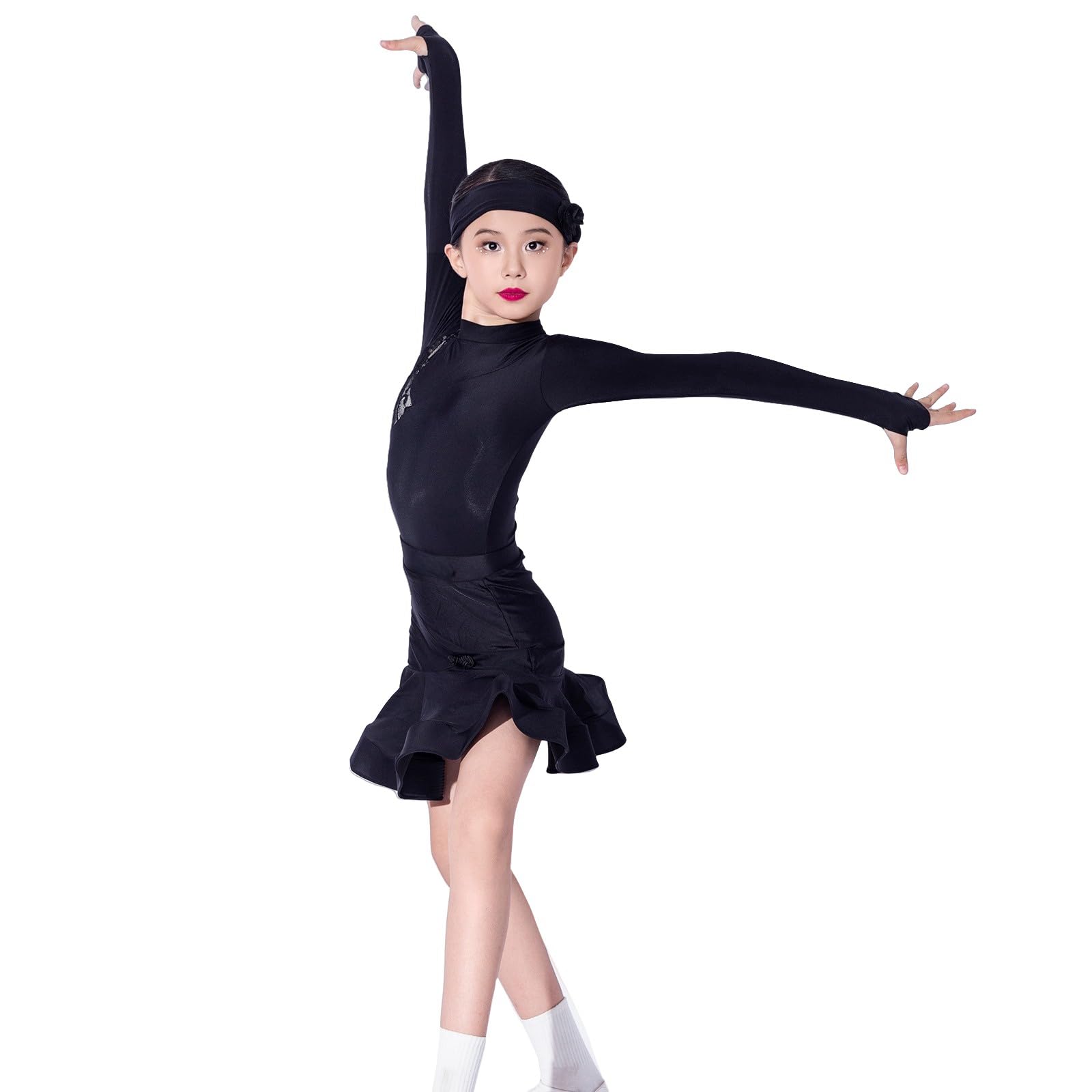2-TLG. Geteiltes Ballettkleid Für Mädchen Mit Langen Ärmeln, Latein Rumba Samba Samtrüschen Moderne Gesellschaftstanzbekleidung Wettkampfkostüme Für 3–15 Jahre