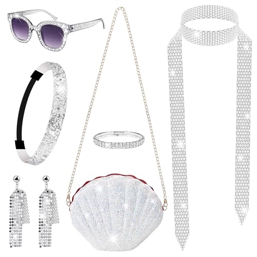 6 Pcs 70s Disco Accessories for Women 70s Costume Jewelry Set Disco Earrings Sequin Scarf Sunglasses Bracelet Headband Silver Purse