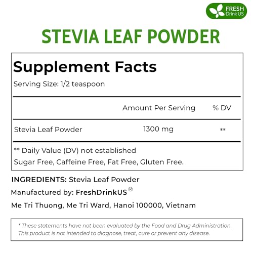Image of FreshDrinkUS, Premium 4.5oz Stevia Leaf Powder, Unprocessed Ground Stevia Leaves, 100% Natural & Pure, Stevia Leaf Sugar Substitutes, Natural Zero-Calorie Sweetener, No Additives, No Gluten, Vegan.