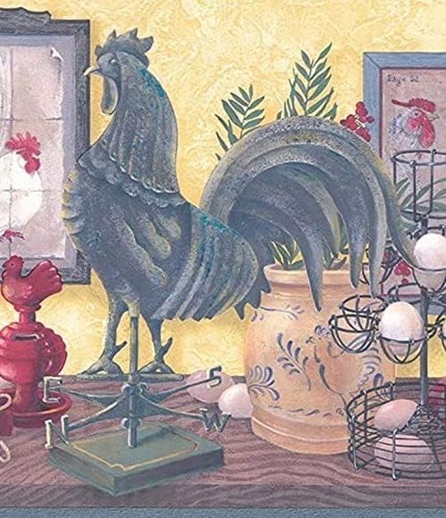 CONCORD WALLCOVERINGS ™ Wallpaper Border Country Pattern Hens Roosters Baskets Eggs Plants for Kitchen Farmhouse, White Yellow Green Grey Red Blue Brown, 10.25 Inches by 15 Feet CUP3342