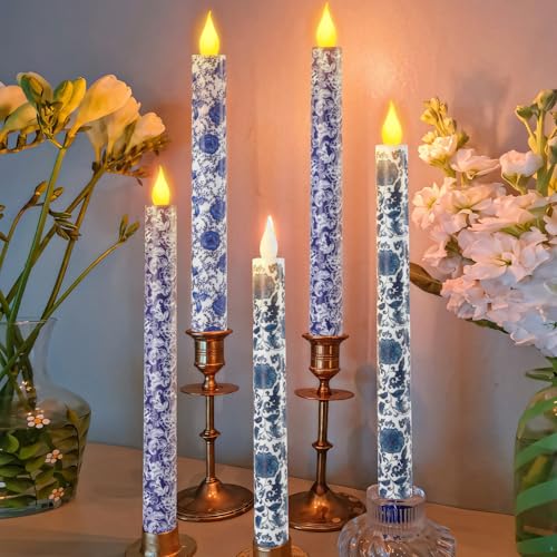 Image of 6 PCS Chinoiserie Flameless Candles - Blue and White Decor Flameless Candles Battery Operated Floral Printed Faux Candles Blue Candles Chinoiserie Decor for Wedding Garden Festive Party Decoration